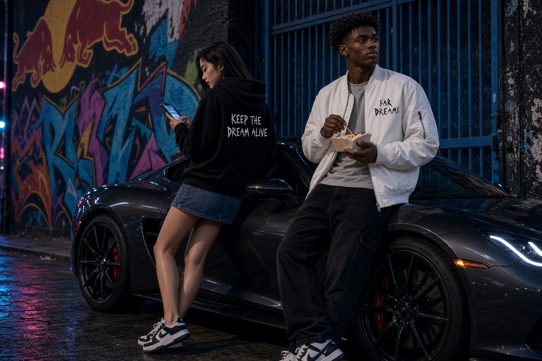 FAR DREAMS models wearing a hoodie and jacket beside a sports car at night