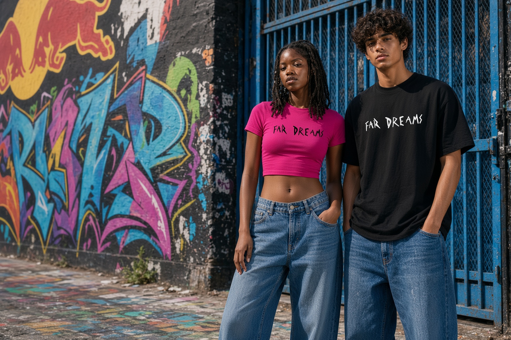 Male and female FAR DREAMS models posing in front of a colorful mural